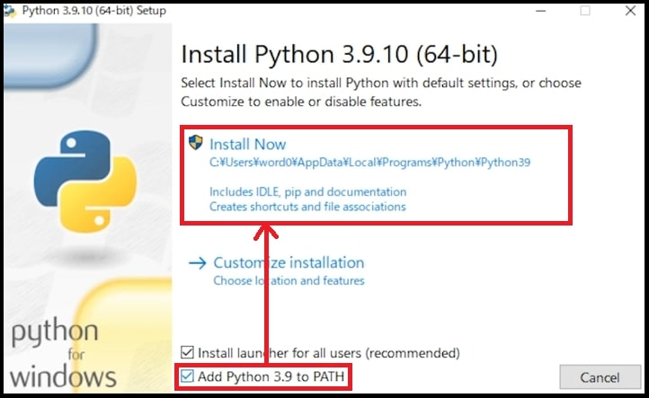 Pythonのインストール画面