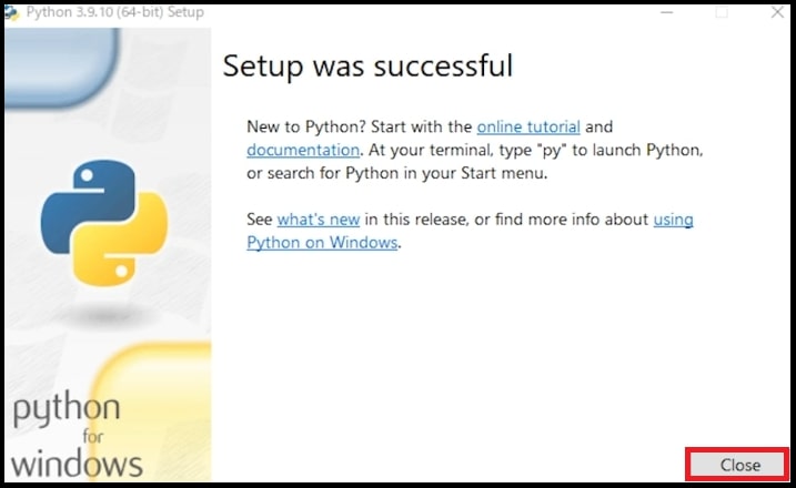 Pythonのインストール完了画面
